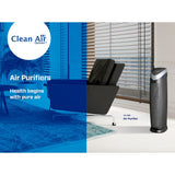Clean Air Optima CA-508 luchtreiniger donkergrijs met zilveren bovenkant in woonkamer