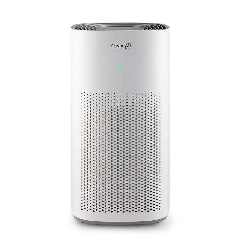 Witte Clean Air Optima luchtreiniger met ventilatiegrijsel en groene LED