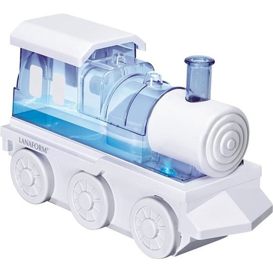Lanaform Trainy luchtbevochtiger wit-blauw productshot met transparante watertank en LANAFORM logo