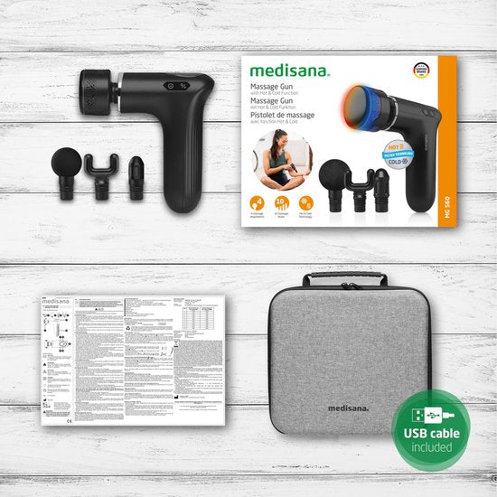 Medisana MG 560 massage gun met warm en koud functie inclusief draagtas en drie extra koppen