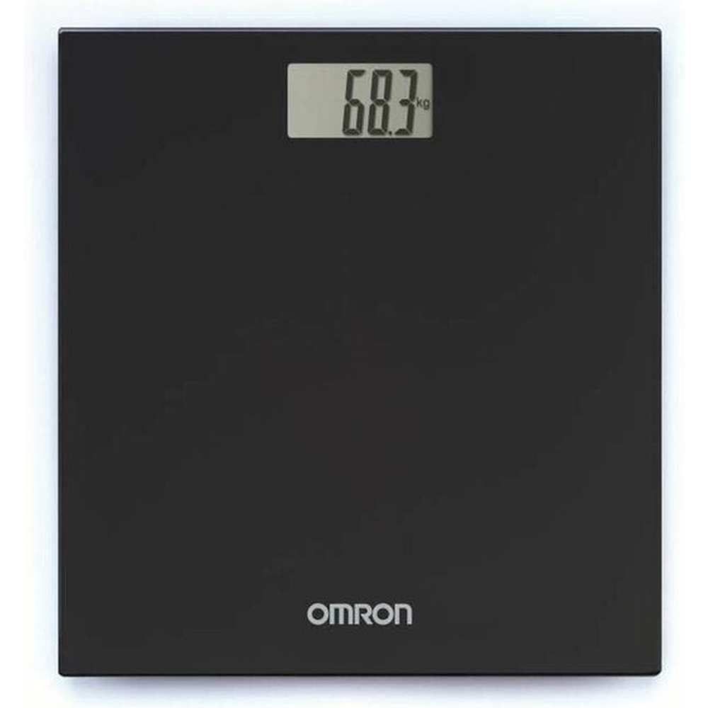 Voorzijde zwarte Omron HN289 weegschaal met digitaal display en OMRON logo