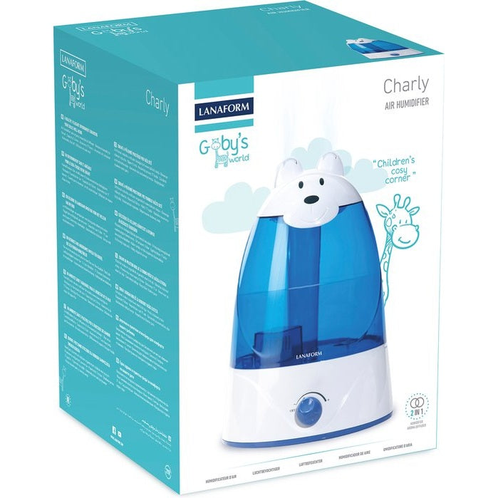 Verpakking Lanaform Charly luchtbevochtiger 'Goby's world', turkoois/wit doos met 2-in-1 aroma functie