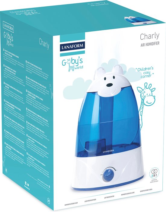 Verpakking Lanaform Charly luchtbevochtiger 'Goby's world', turkoois/wit doos met 2-in-1 aroma functie
