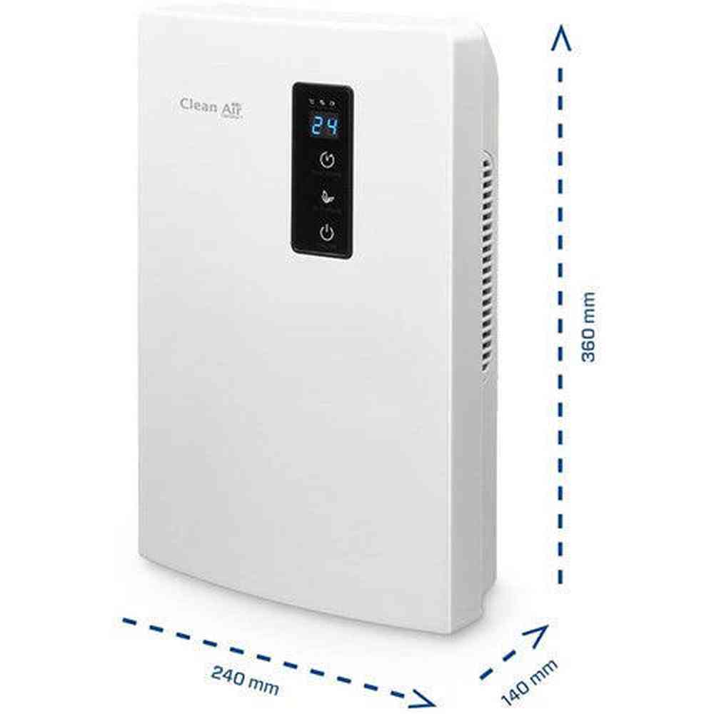 Clean Air Optima CA-703 witte luchtontvochtiger met bedieningspaneel en afmetingen