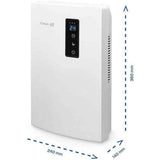 Clean Air Optima CA-703 witte luchtontvochtiger met bedieningspaneel en afmetingen