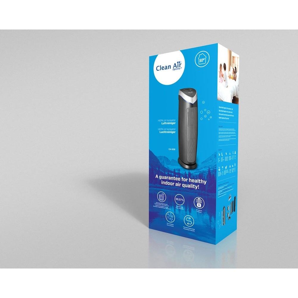 Verpakking Clean Air Optima CA-508 HEPA UV luchtreiniger blauw met filterpictogrammen