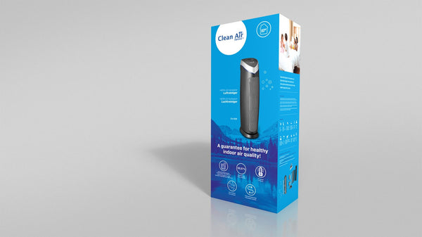Verpakking Clean Air Optima CA-508 HEPA UV luchtreiniger blauw met filterpictogrammen
