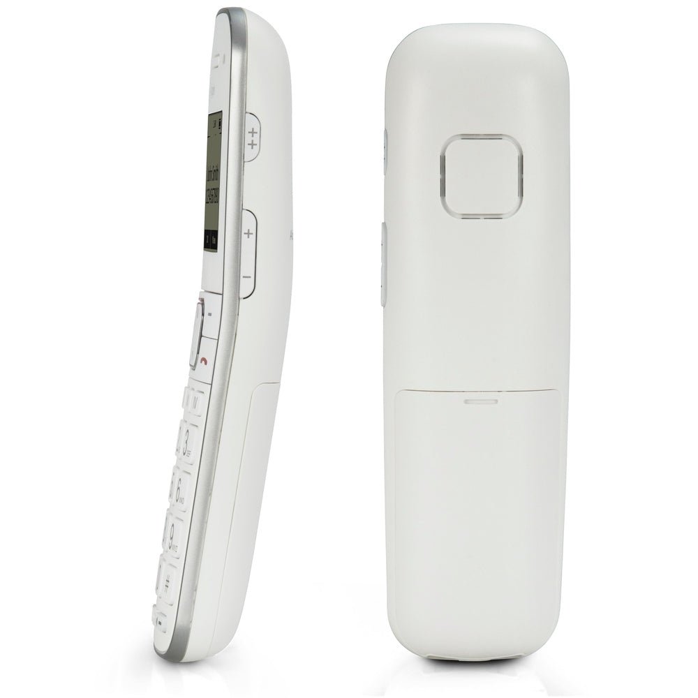 zijaanzicht witte Fysic DECT telefoon met batterijcompartiment en zilveren accenten