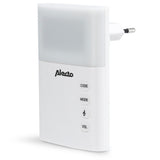 Zijaanzicht Alecto deurbel ontvanger met stekker, lichtpaneel en knoppen voor melodie en volume
