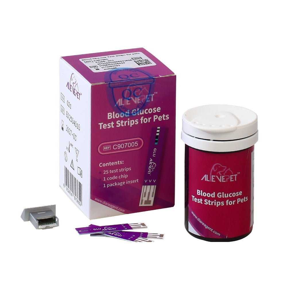 Alievepet bloedglucose teststrips voor huisdieren in verpakking met codechip en strips