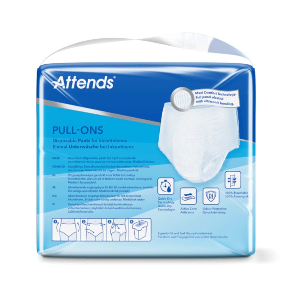 Attends Pull-Ons achterzijde verpakking met Maxi Comfort en Quick-Dry technologie