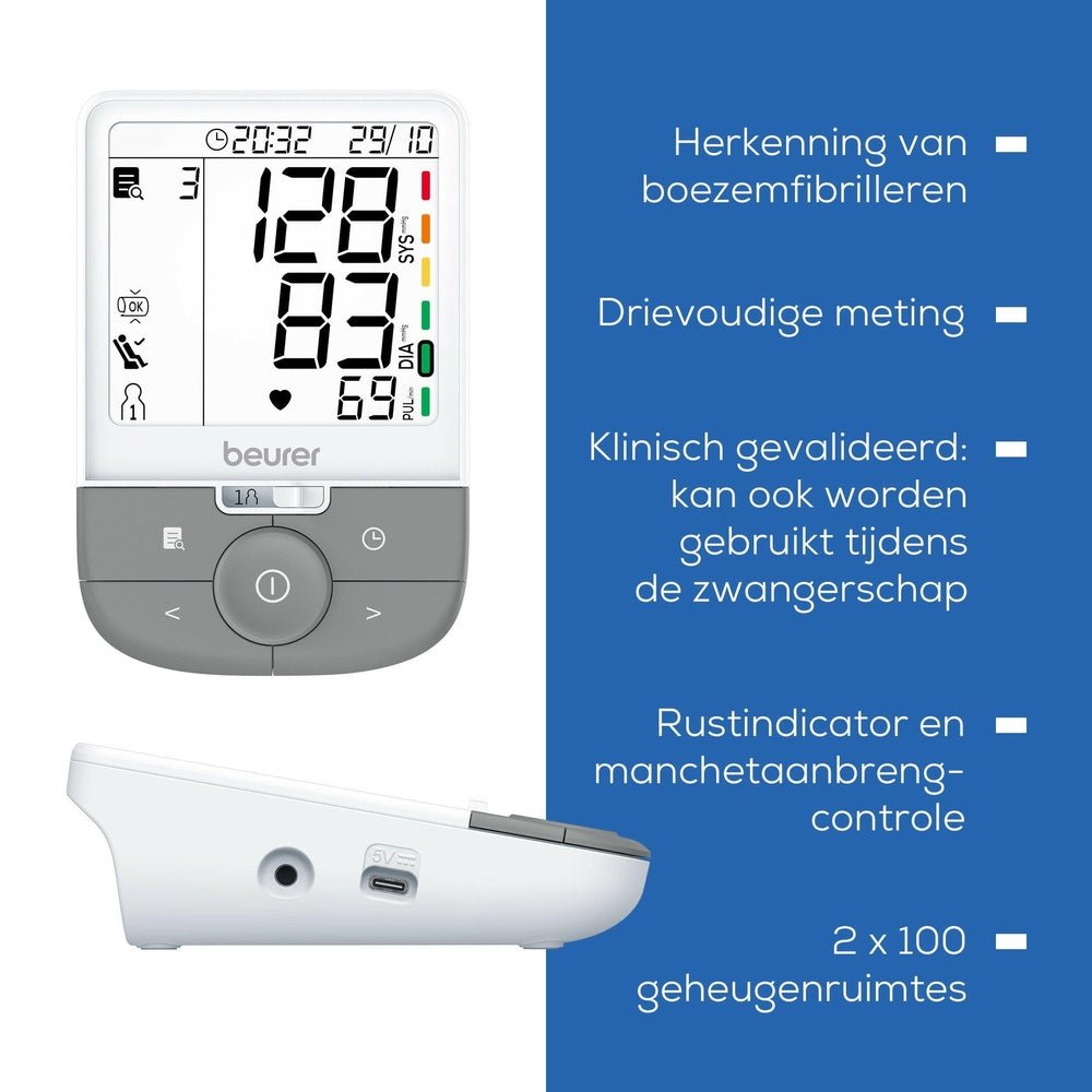 Beurer digitale bloeddrukmeter met USB-C poort en klinisch gevalideerde zwangerschapstoepassing