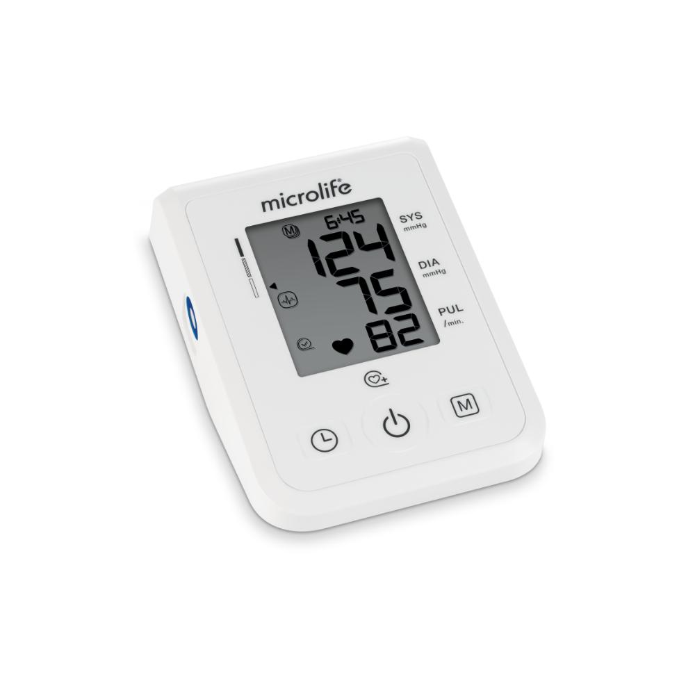 Zijaanzicht compacte Microlife bloeddrukmeter met blauw detail en ronde knoppen