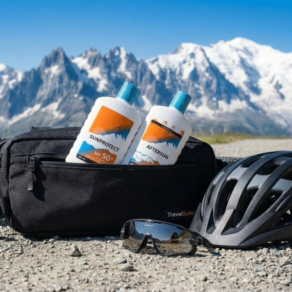 TravelSafe zonnebrandcrème en aftersun in zwarte rugzak bij winteractiviteiten