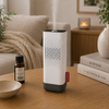 Boneco P50 witte ionisator en aroma diffuser met stoom, geurolieflesje en houten tafel