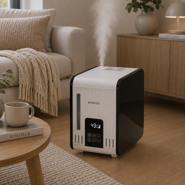 Boneco S450 stoombevochtiger in zwart-wit met digitale display en zichtbare stoompluim