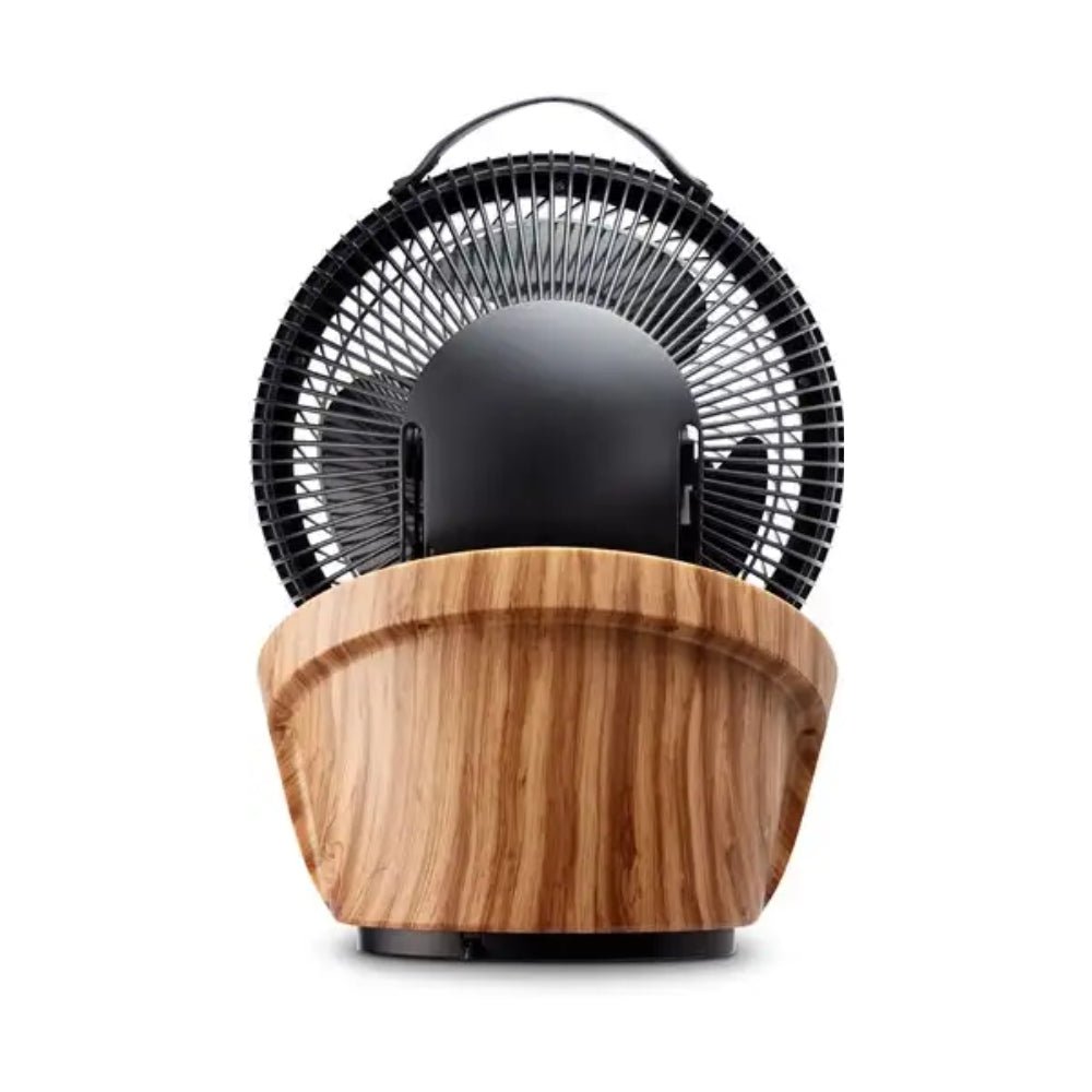 Achterkant Clean Air Optima ventilator met oscillatie-ondersteuning en houtnerf