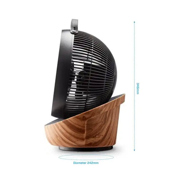 Zijprofiel Compacte tafelventilator met houten voet en afmetingen 345mm