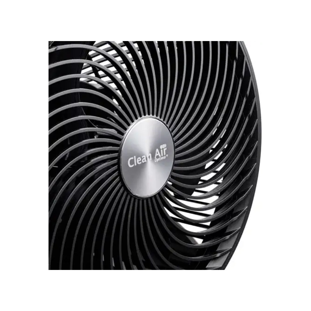 Zilveren logo 'Clean Air Optima' op centraal paneel van ventilatorkapje