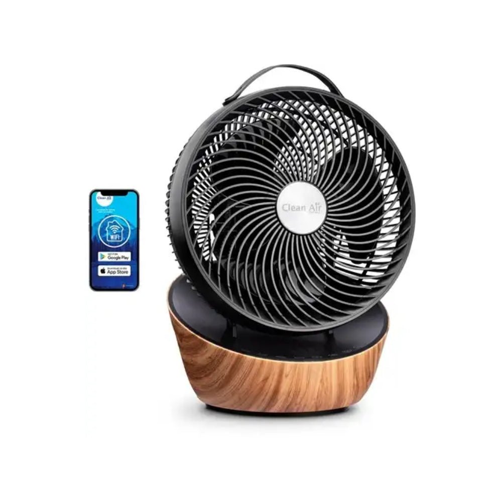 Smart WiFi tafelventilator met houten voet en app-besturing op smartphone