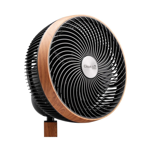 Vooraanzicht Clean Air Optima ventilator met spiraalrooster en houten rand