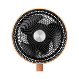 Bovenaanzicht ventilatorbladkap met zilverkleurig logo en houten rand
