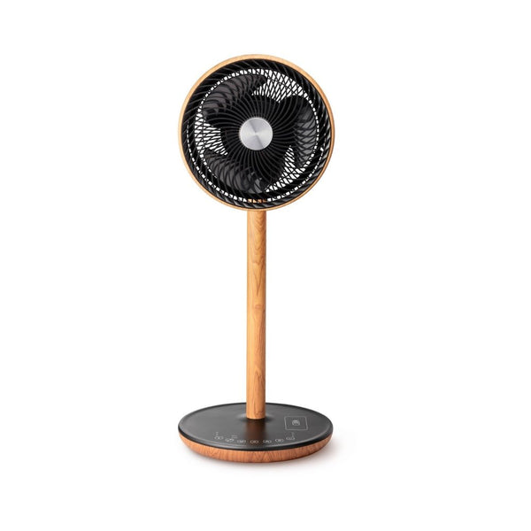Voorzijde ventilator met drie zwarte bladen achter zwart rooster en houten rand