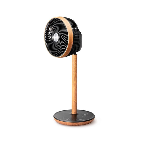 Schuine voorzijde Clean Air Optima ventilator met houten stam en zwarte kap