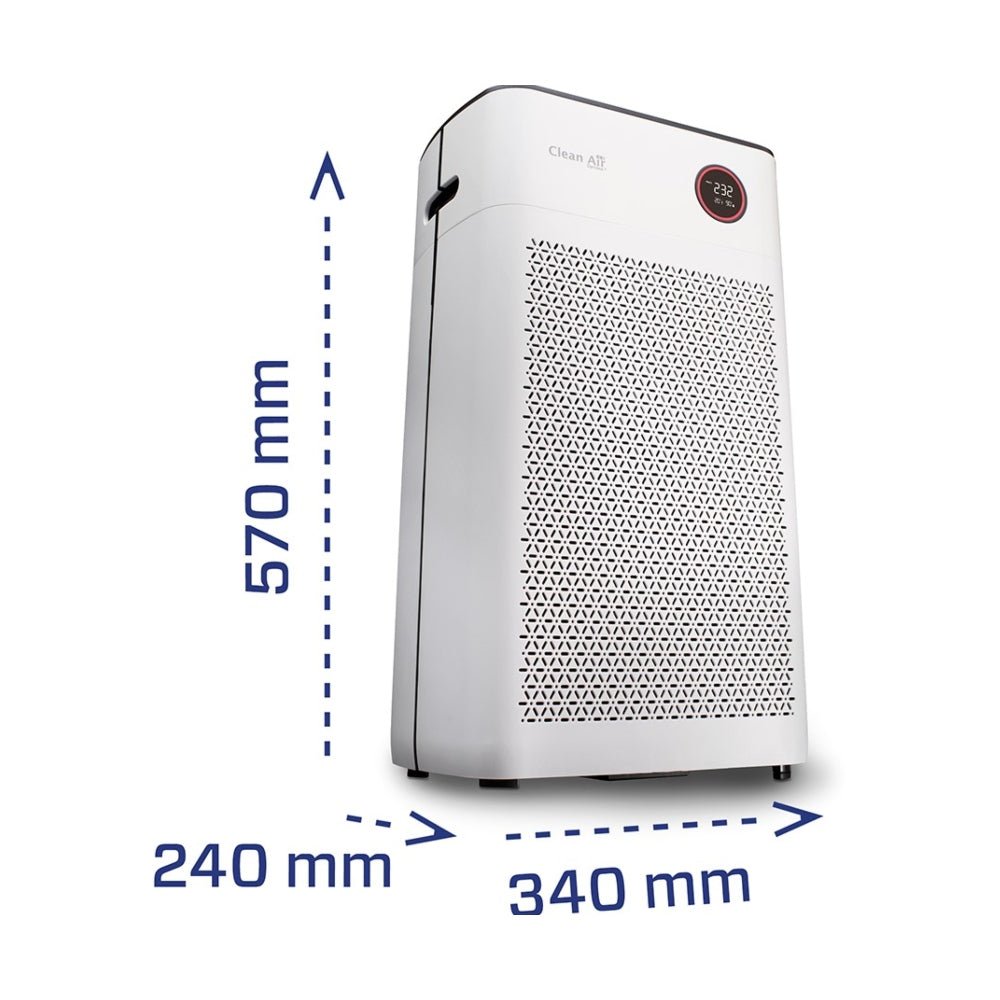 Witte Clean Air Optima CA-510Pro luchtreiniger met digitaal display en driehoekig roosterpatroon
