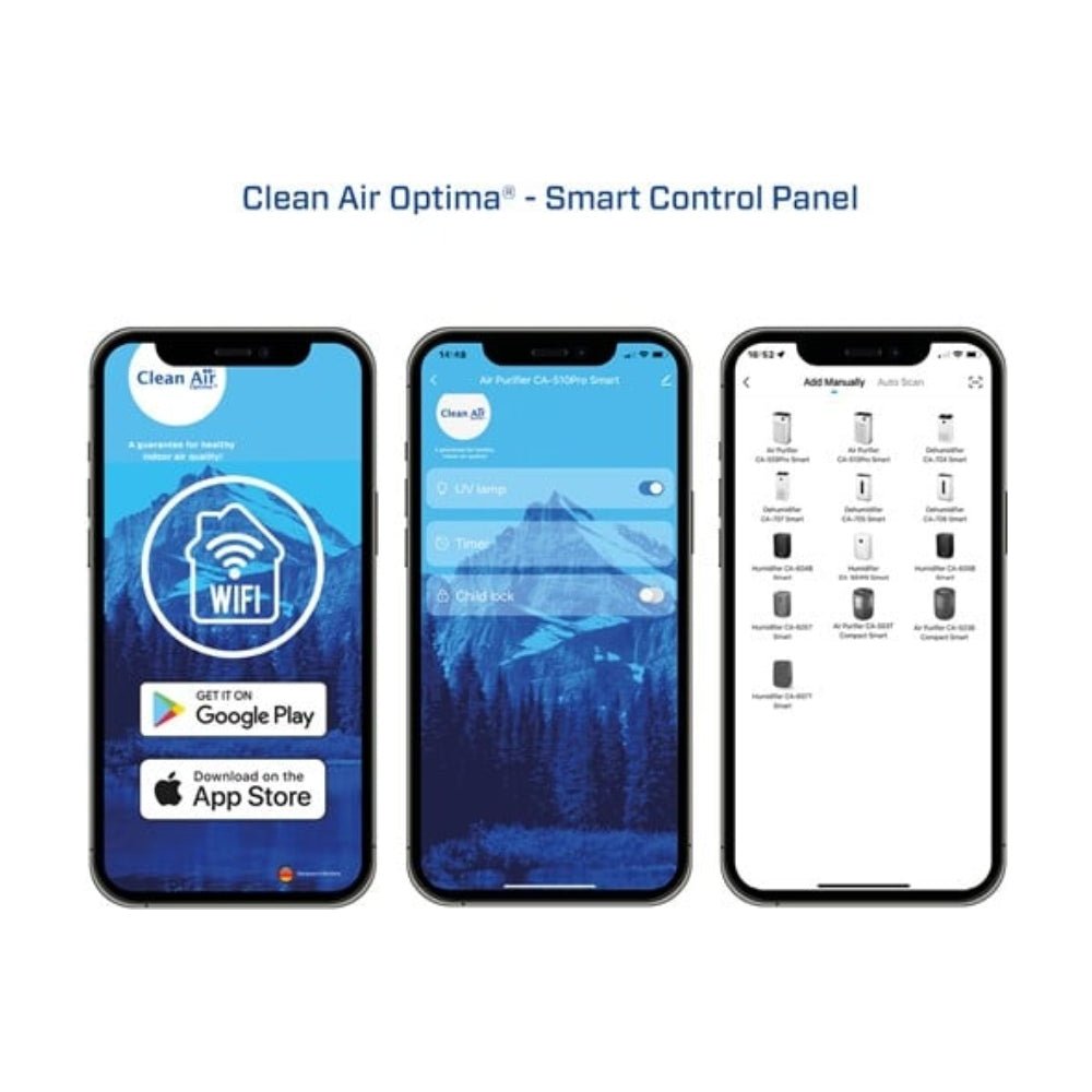 Clean Air Optima CA-510Pro Smart app interface op drie smartphones met instellingen en apparaat koppeling