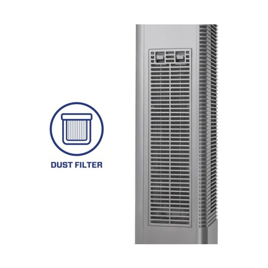 Zijzicht Clean Air Optima ventilatorkachel met horizontaal rooster en stoffilter