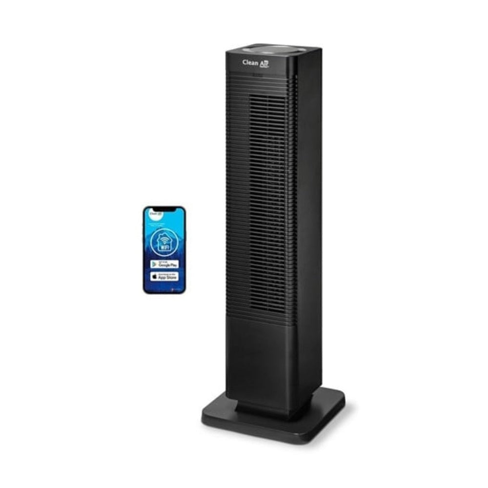 Clean Air Optima smart kachel zwart met smartphone app interface en WiFi verbinding