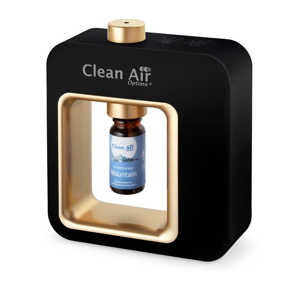 Clean Air Optima aroma diffuser zwart met twee bedieningsknoppen en merknaam