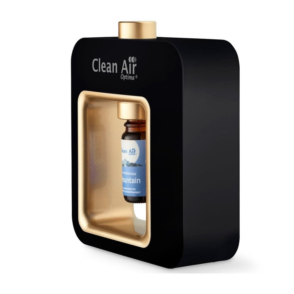 Clean Air Optima aroma diffuser zwart met goudkleurig detail en merknaam
