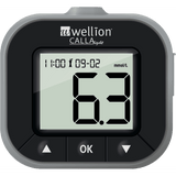 Close-up zwarte Wellion Calla Light glucosemeter met groot scherm en knoppen
