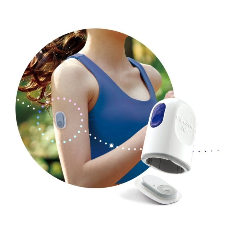 CareSens Air sensor tijdens sporten met grafische weergave van meetwaarden