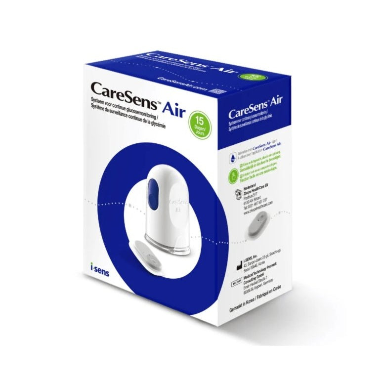 CareSens Air verpakking met witte sensor en blauwe knop voor continue glucosemeting