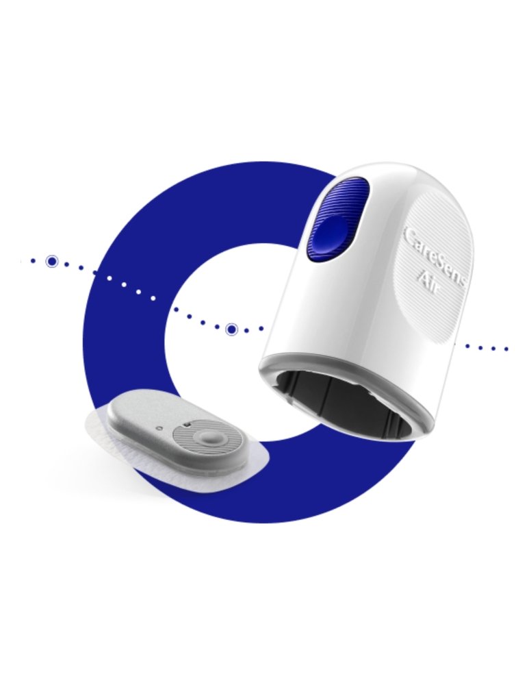 CareSens Air apparaat en ovale sensor op pleister voor automatische glucosemonitoring