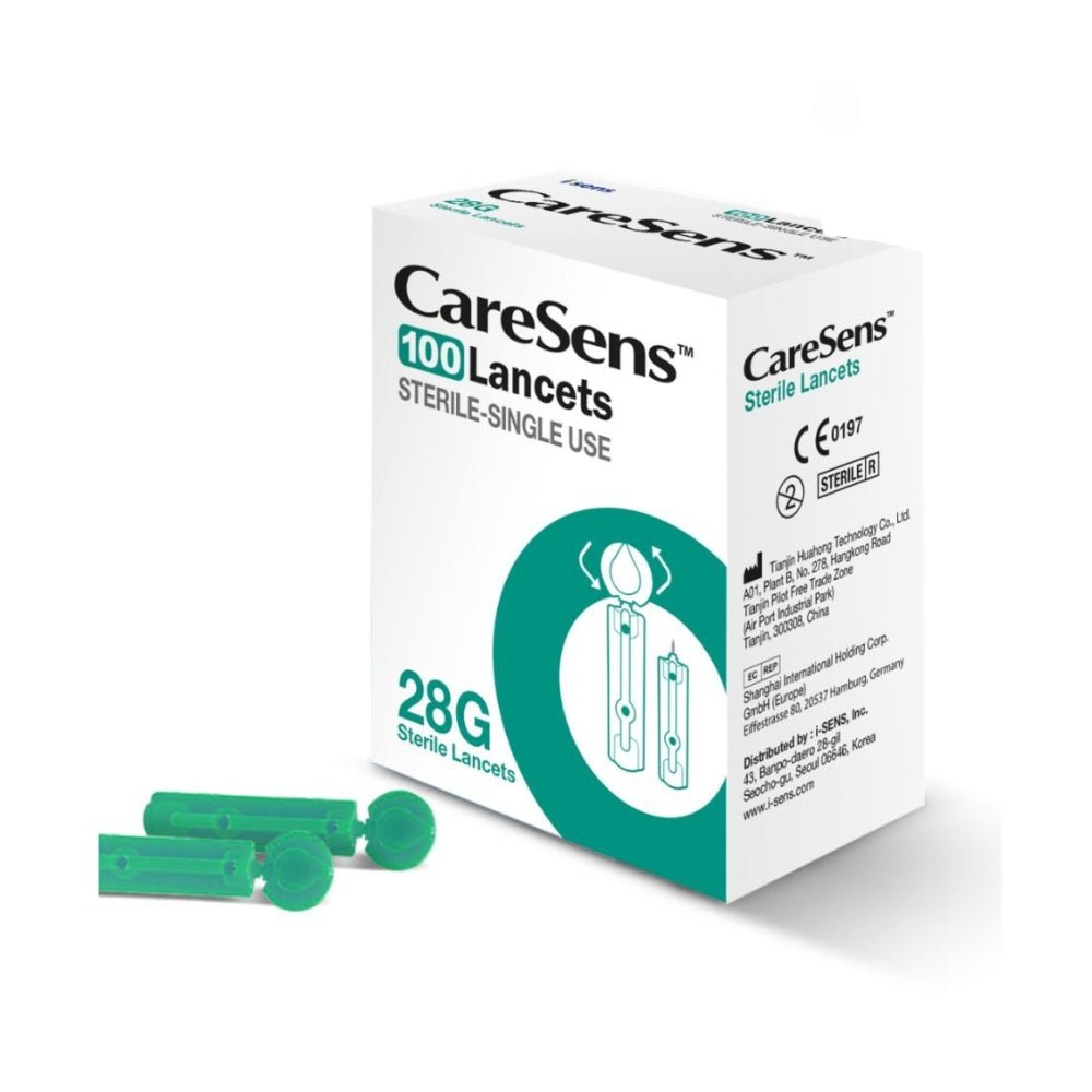 CareSens lancetten 100 stuks in witte verpakking met groene details, 28G ultradun en steriel voor pijnloos bloedglucosemeten