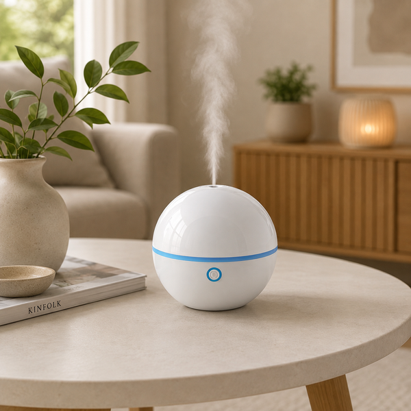 Lanaform Bali aroma diffuser wit met blauwe gloed en nevel op woonkamertafel