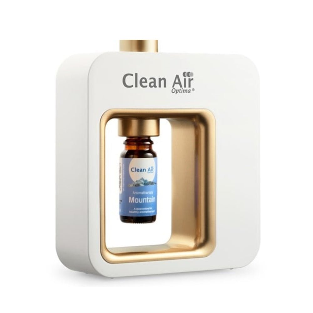Clean Air Optima aroma diffuser wit met donkergrijze tekst en geur flesje