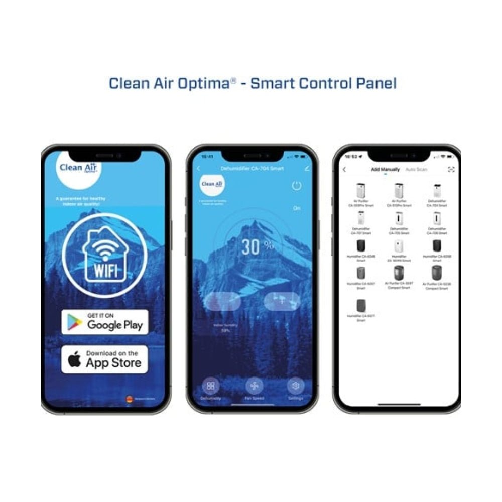 Smartphone toont Clean Air Optima app voor luchtontvochtiger bediening