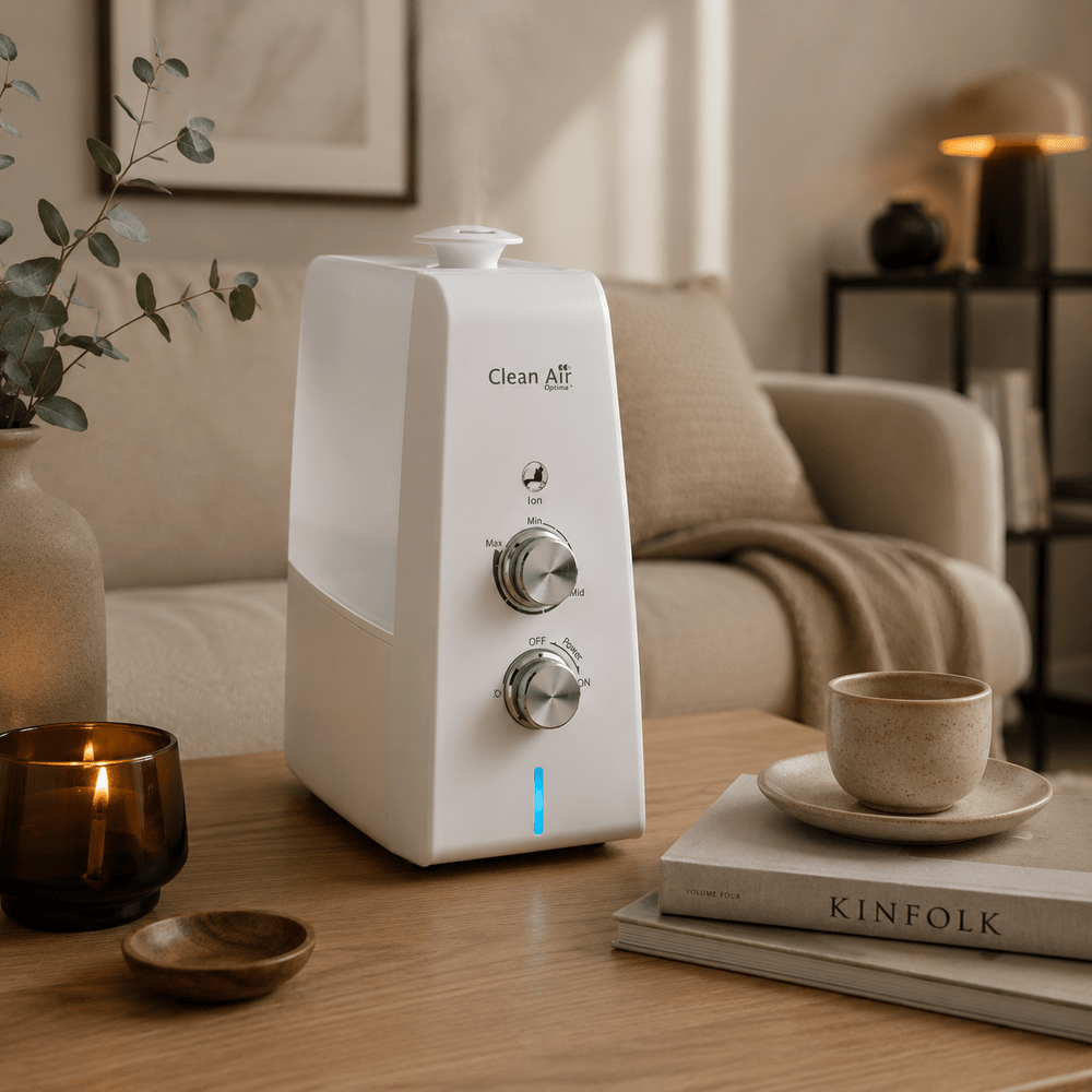 Clean Air Optima CA-602 witte luchtbevochtiger met ionisator en aromatherapie op houten tafel