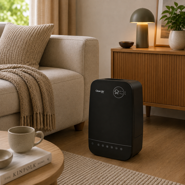 Clean Air Optima CA-606 zwarte luchtbevochtiger met ionisator en LCD-display in woonkamer