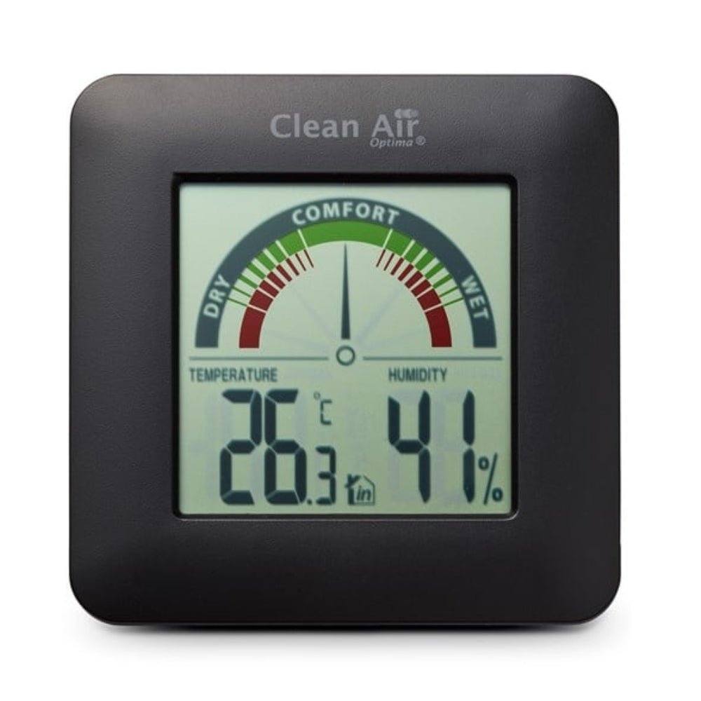 Zwarte hygrometer van Clean Air Optima met temperatuur- en vochtigheidswaarden