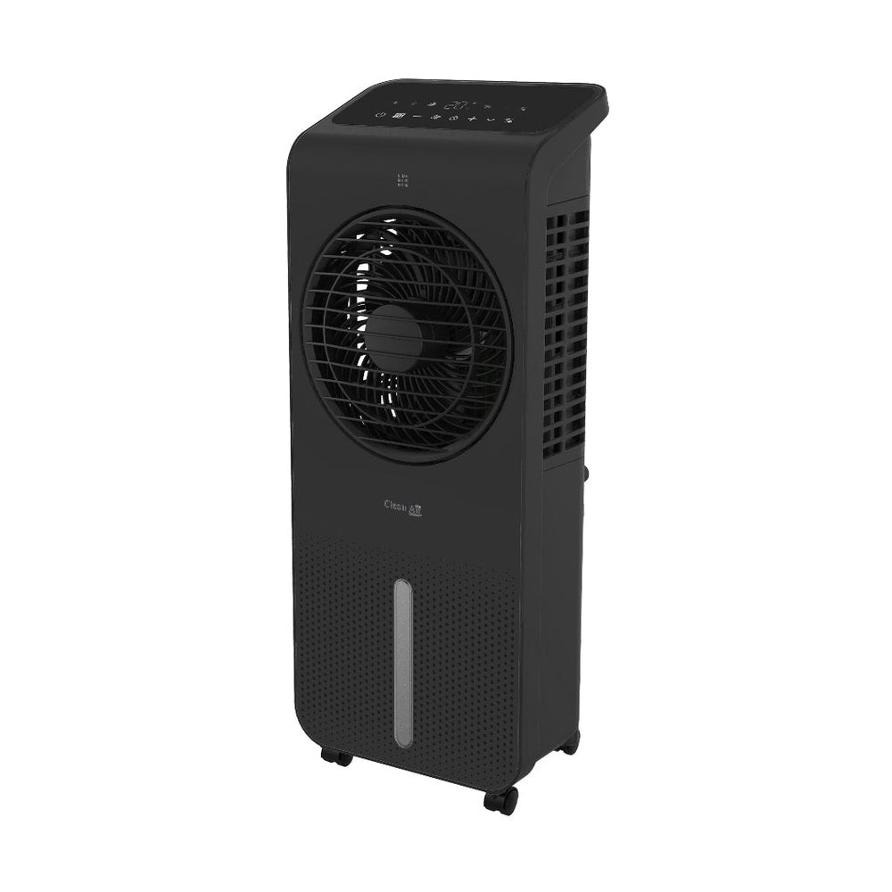 Frontaal zwart luchtkoeler apparaat met ronde ventilatoropening en display