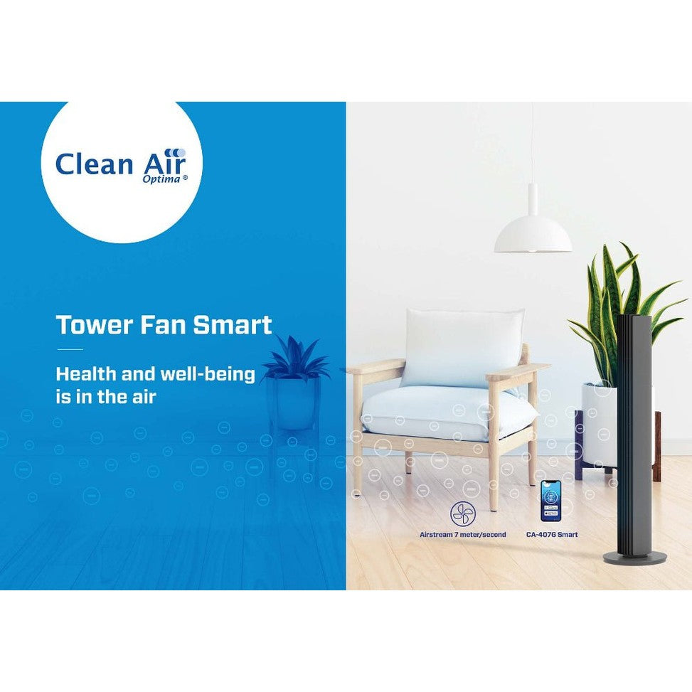 Clean Air Optima Smart torenventilator in woonkamer met luchtstroom van 7 meter per seconde