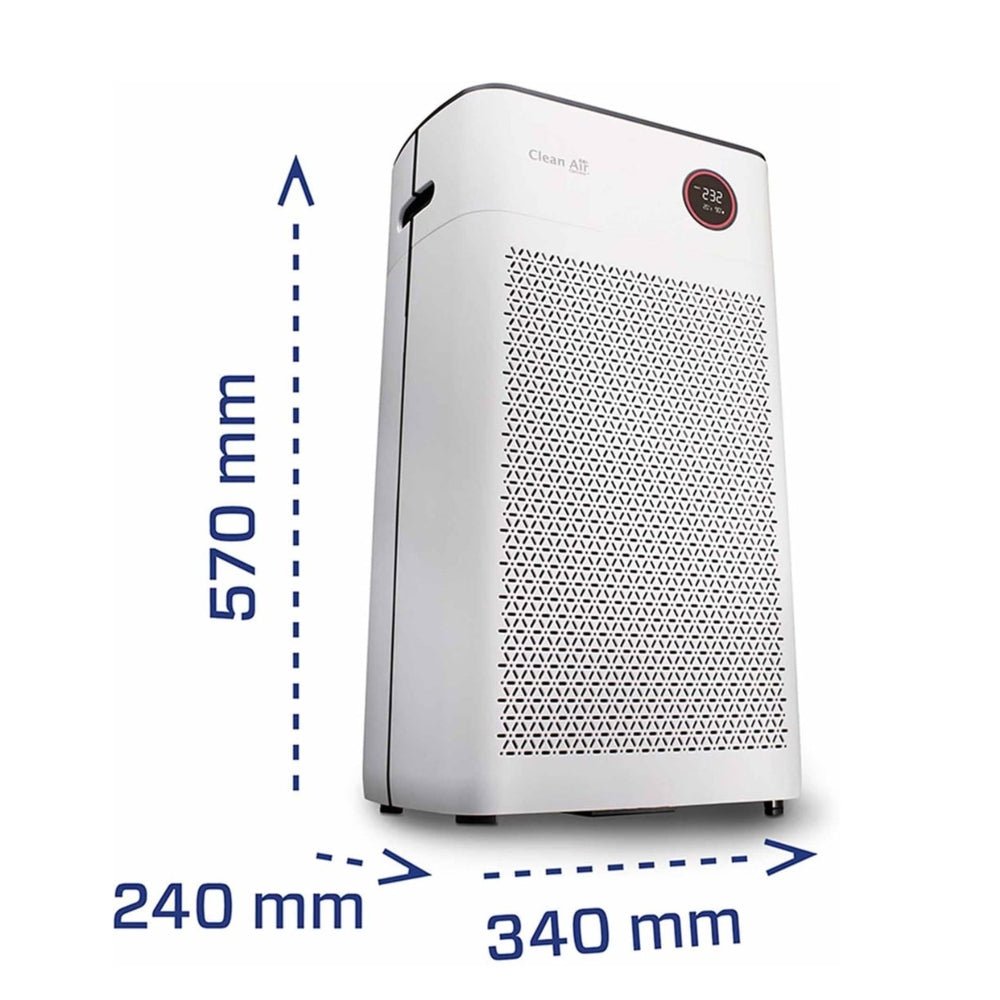 Clean Air Optima luchtreiniger met afmetingen aangegeven: 570x340x240 mm