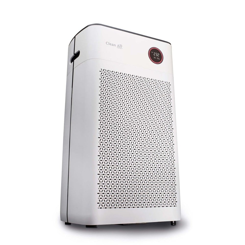 Witte Clean Air Optima luchtreiniger met zwarte bovenrand en driehoekpatroon op voorkant