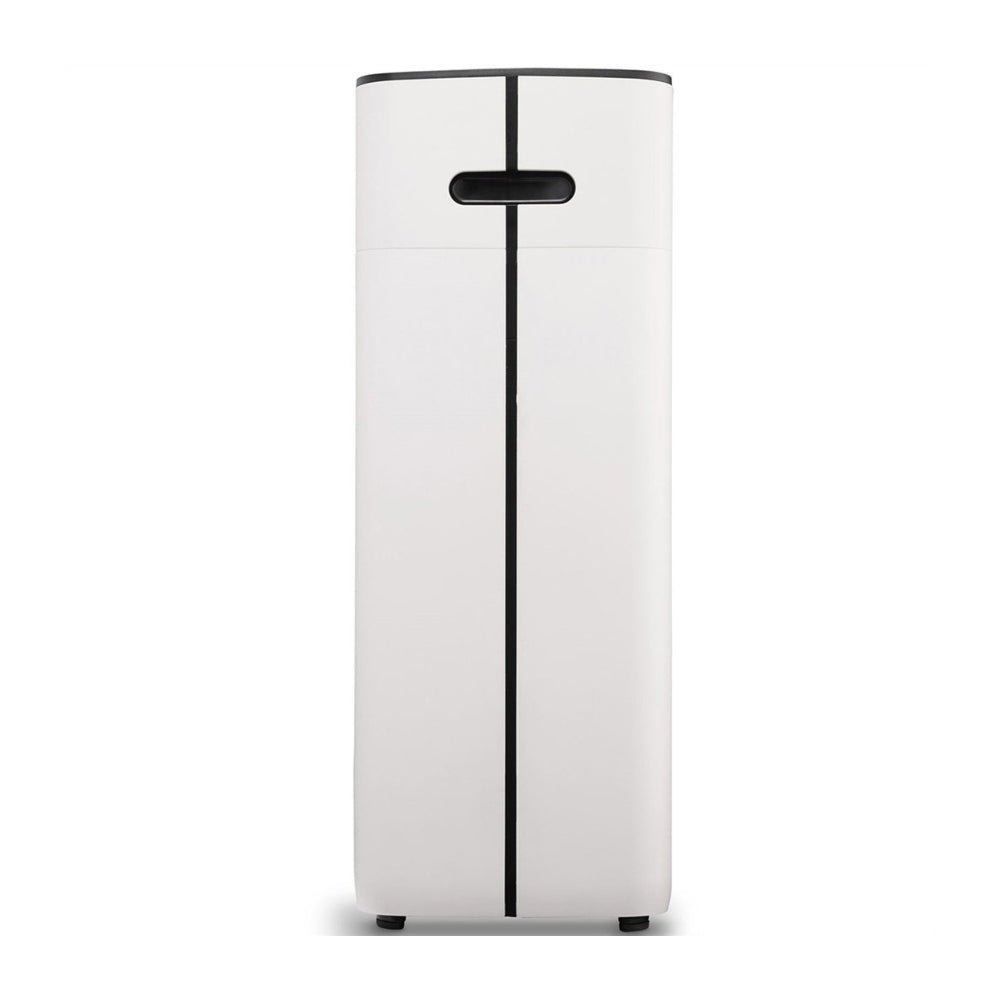 Achterkant van witte Clean Air Optima luchtreiniger met handgreep en minimalistisch ontwerp